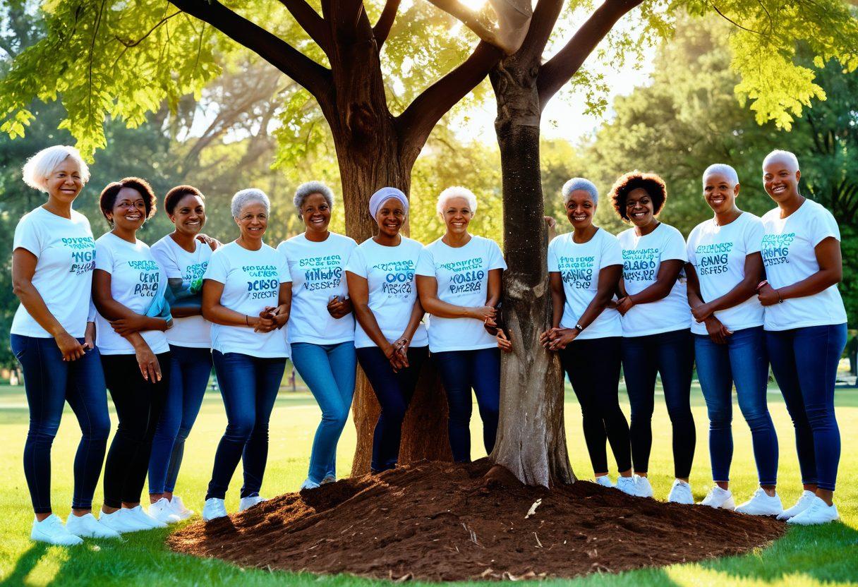 A diverse group of cancer warriors of different ages and backgrounds, united in a park, sharing stories and laughter while planting a tree symbolizing hope. Soft sunlight filtering through the leaves, creating a warm and inviting atmosphere. A banner in the background reads 'Together We Fight'. Emphasize connection and support among the individuals. super-realistic. vibrant colors. peaceful nature setting.
